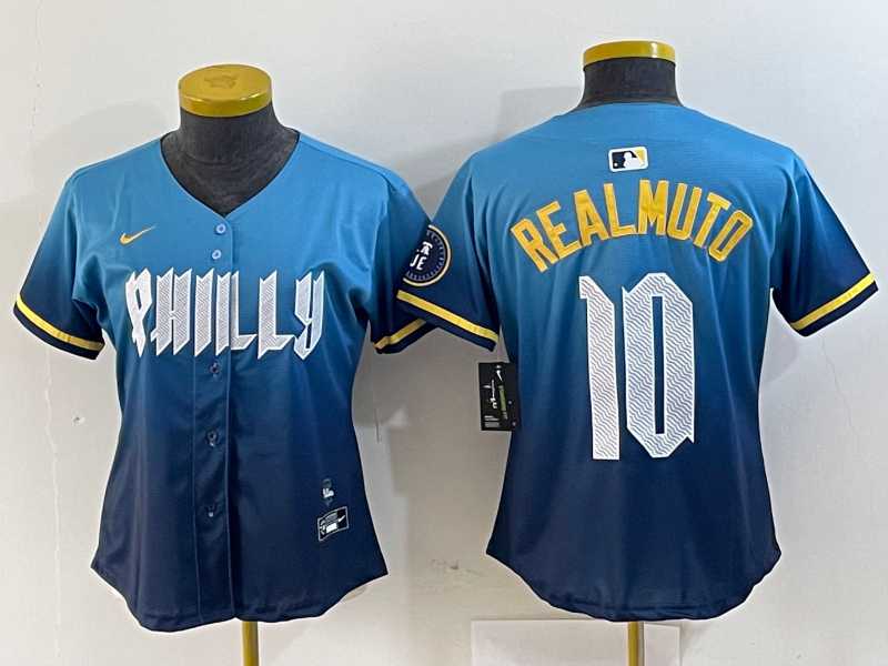Womens Philadelphia Phillies #10 JT Realmuto Blue 2024 City Connect Limited Stitched Jersey->mlb womens jerseys->MLB Jersey